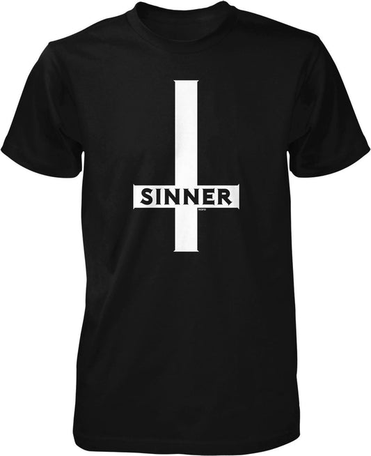 A black t-shirt with a white graphic design on it.