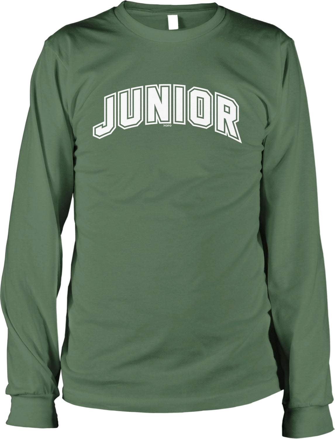 A green long-sleeved t-shirt with the word "JUNIOR" printed in white letters across the front.