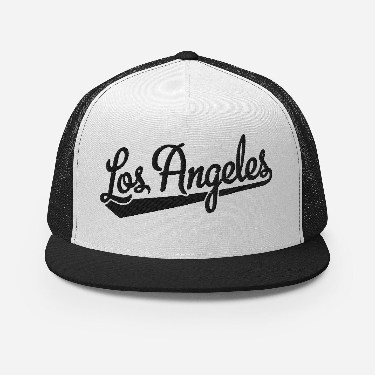 A black and white baseball cap with the text "Los Angeles" printed on it.
