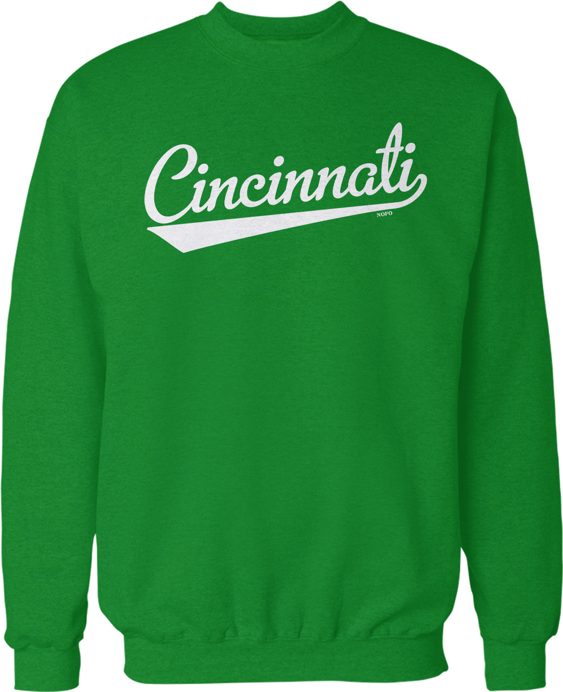 A bright green sweatshirt with the word "Cincinnati" printed in white on the front.