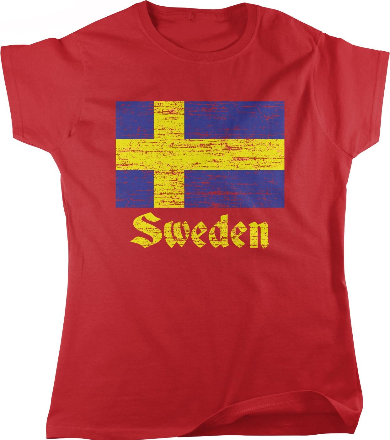A red t-shirt with a graphic of the Swedish flag and the word "Sweden" printed on it.