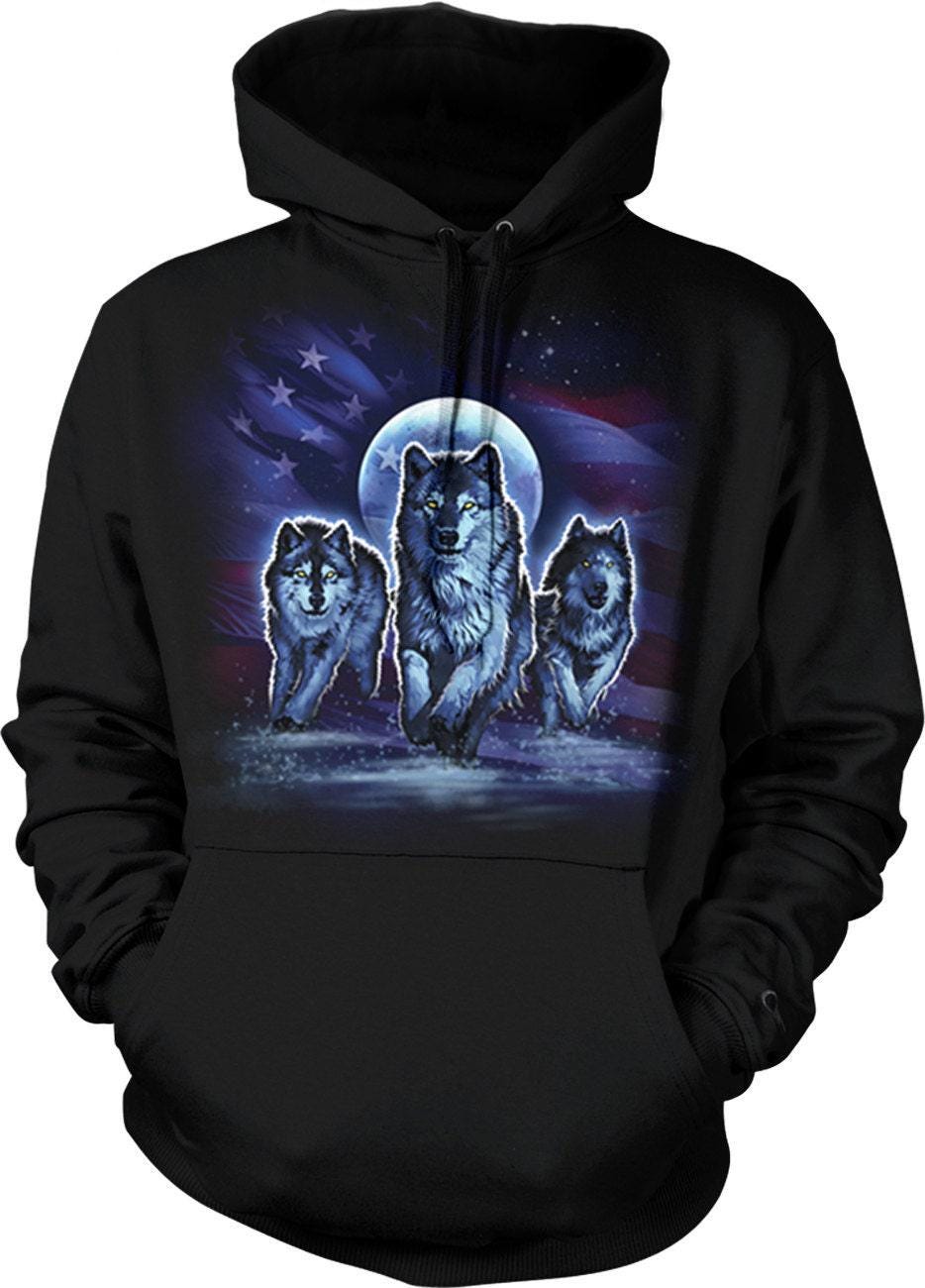 American Flag Hoodie - Wolfpack Running Moonlight Full Moon Design Sweatshirt