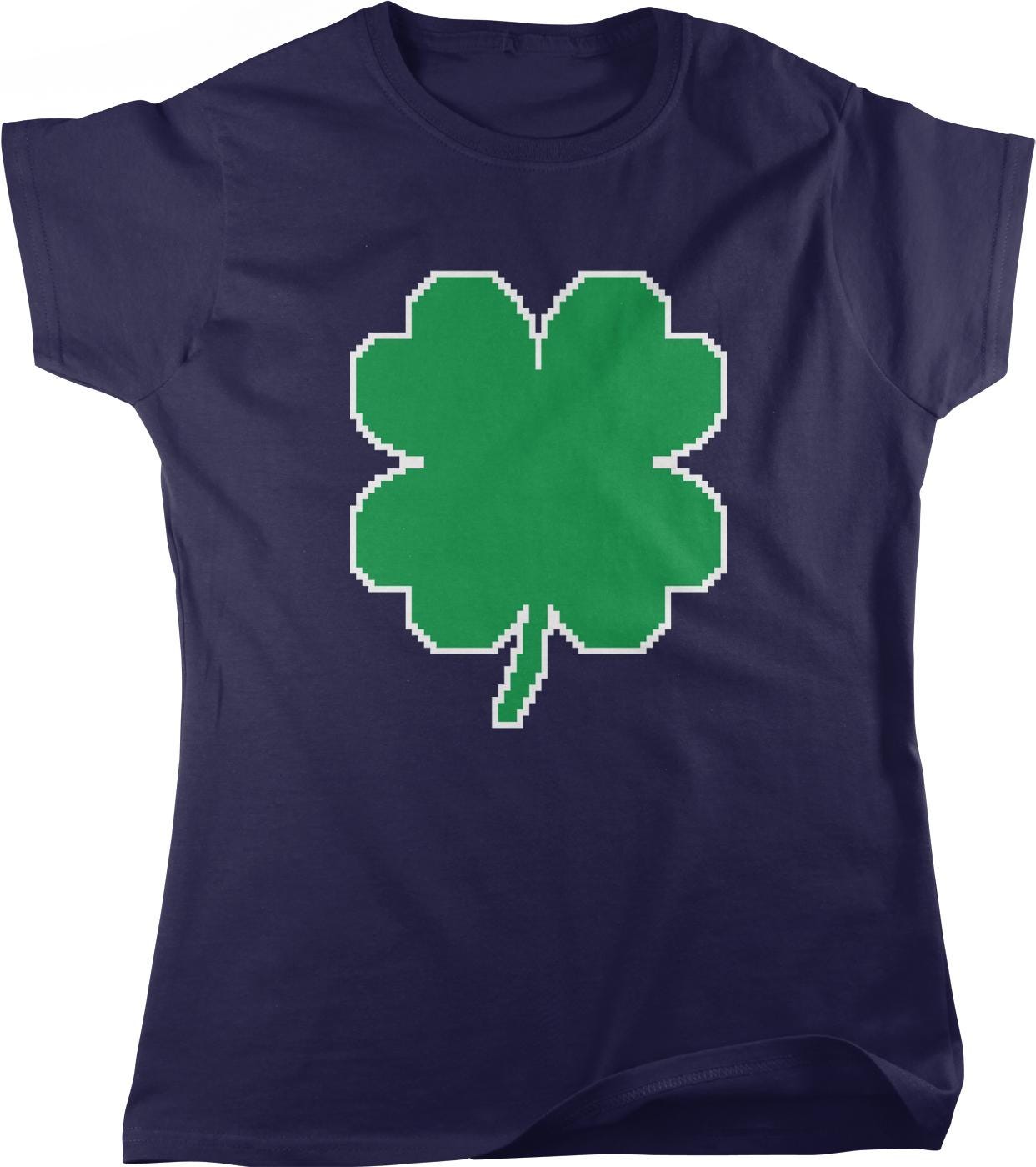 A dark blue t-shirt with a large green four-leaf clover graphic printed on it.