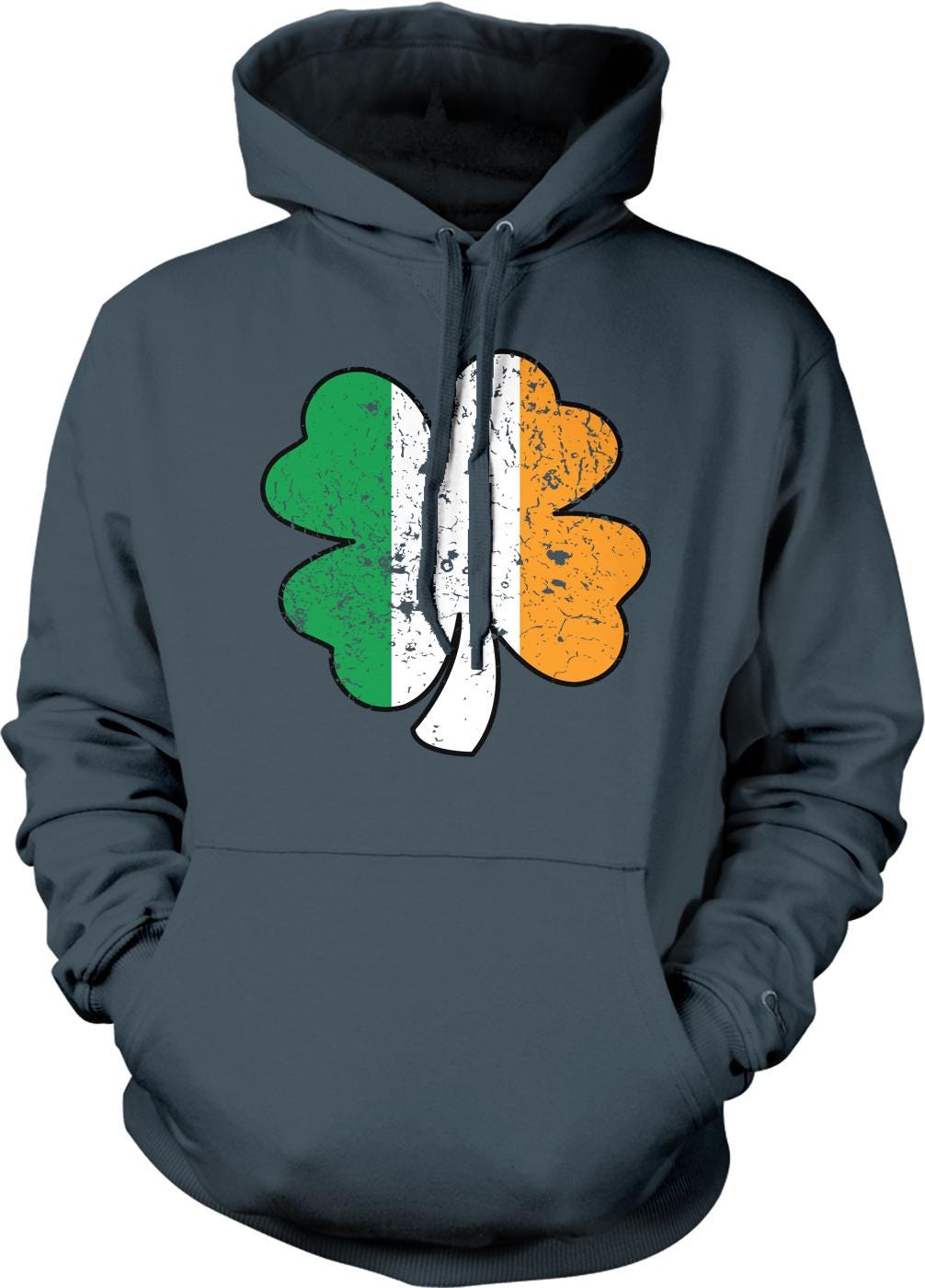 A grey hoodie with a graphic of a four-leaf clover in the colors of the Irish flag.
