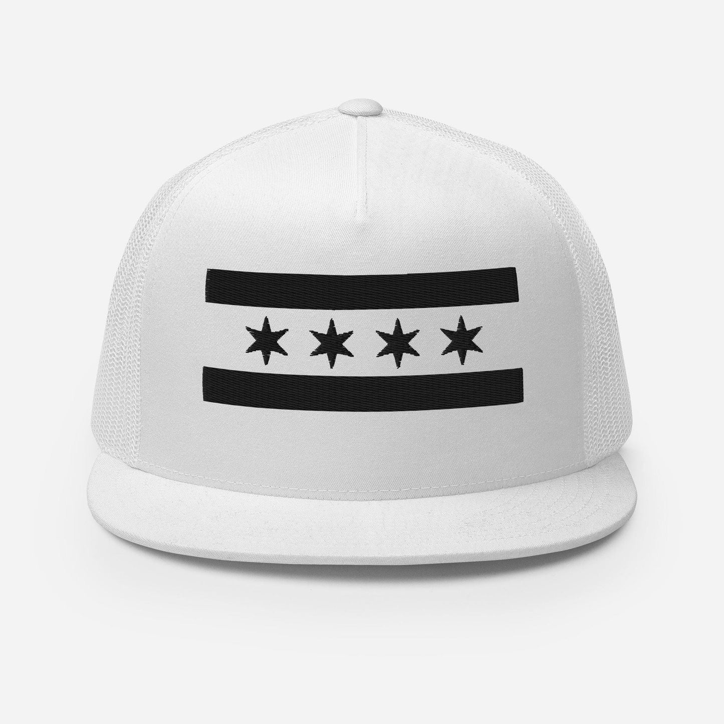 A white baseball cap with a black graphic design on the front.