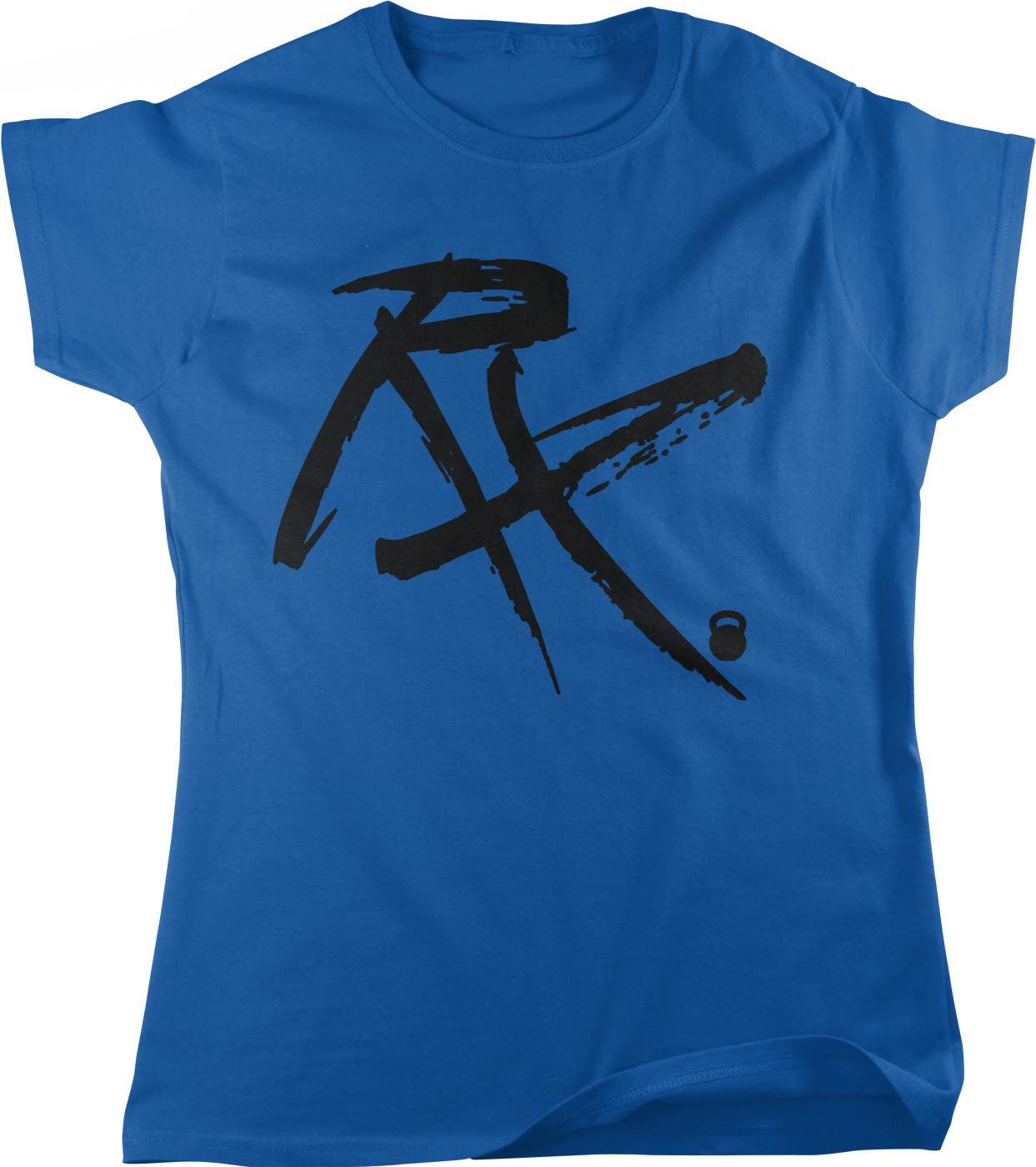 A blue t-shirt with a large black graphic design on it.