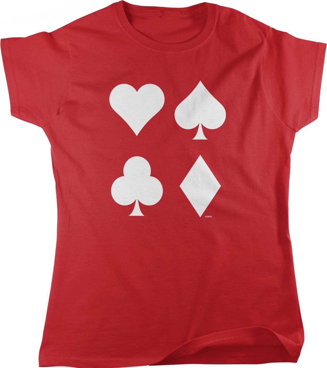 A red t-shirt with four white playing card symbols printed on it.