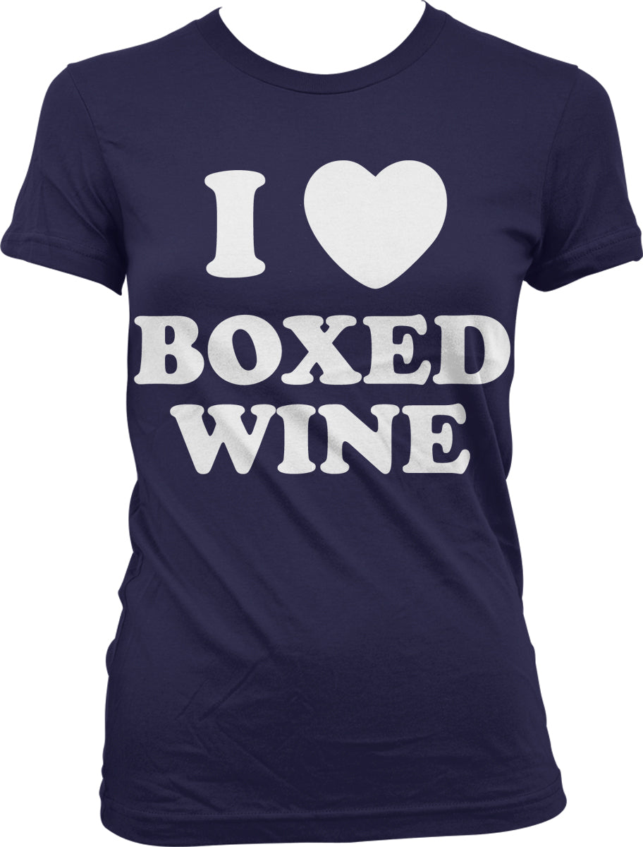 A navy blue t-shirt with the text "I ❤️ BOXED WINE" printed on it in white letters.