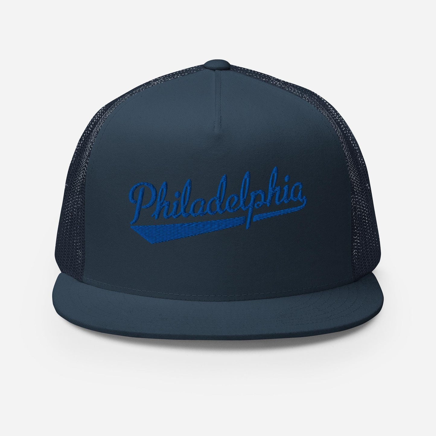 A navy blue baseball cap with the word "PhiladELPHIA" printed on it in blue text.