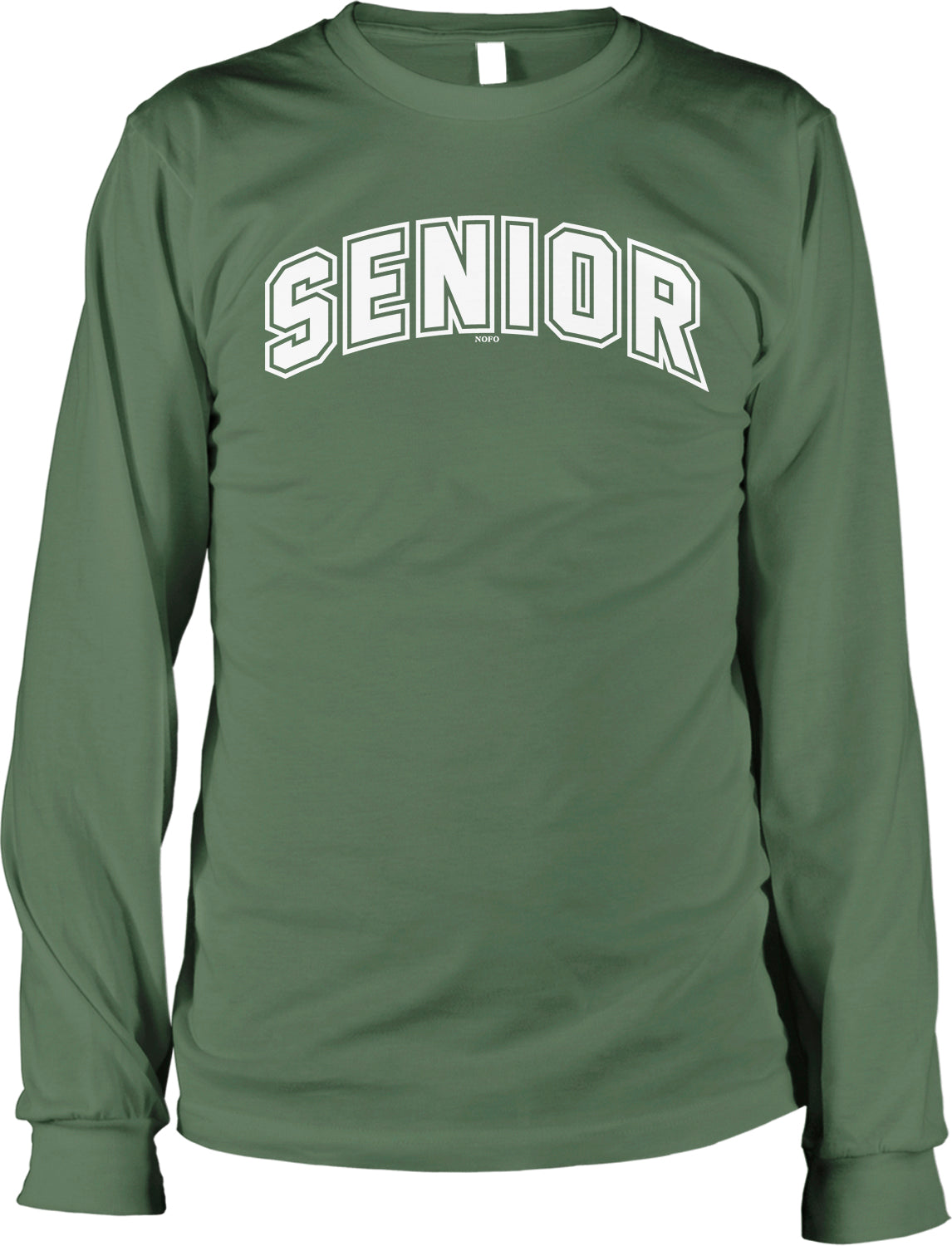 A long-sleeved green t-shirt with the word "SENIOR" printed in white letters across the front.