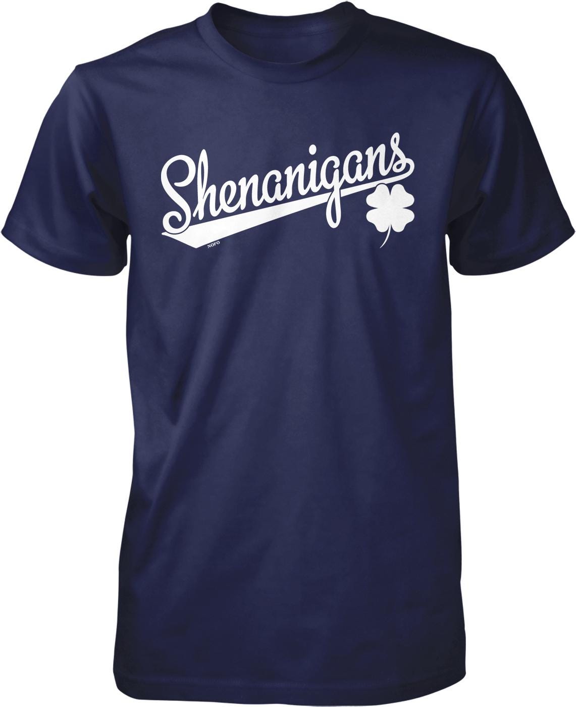 A navy blue t-shirt with the text "Shenanigans" printed on it in a cursive font.
