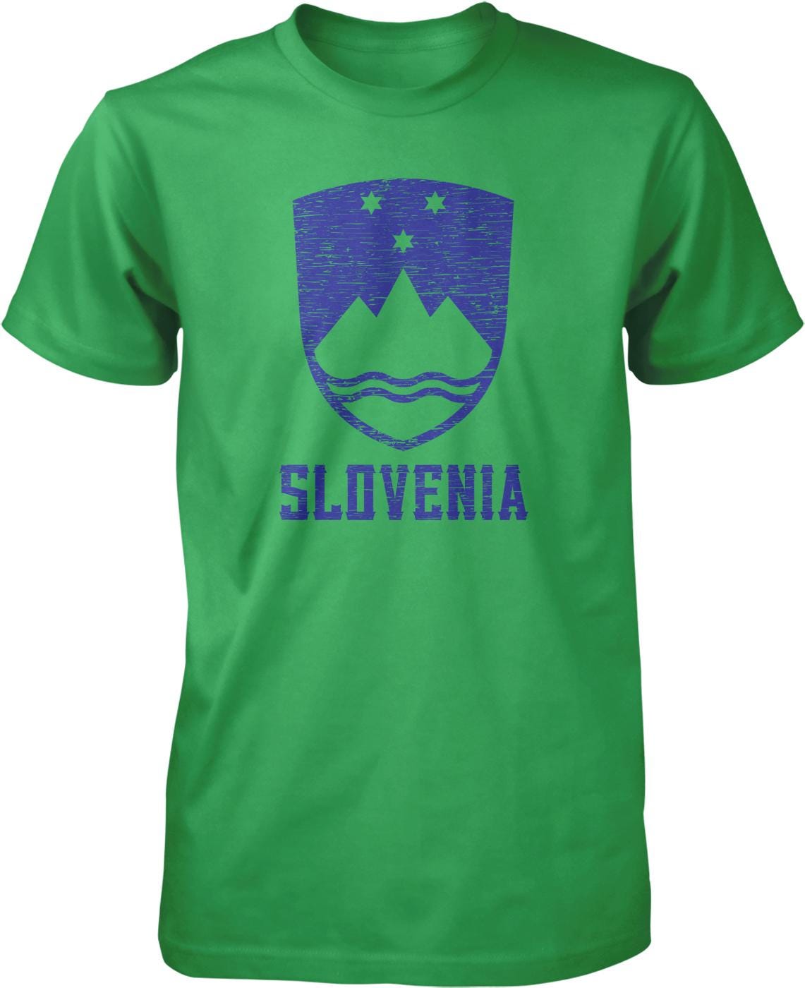 A green t-shirt with a graphic design featuring a shield-shaped emblem with mountains and stars, along with the text "SLOVENIA" printed below it.