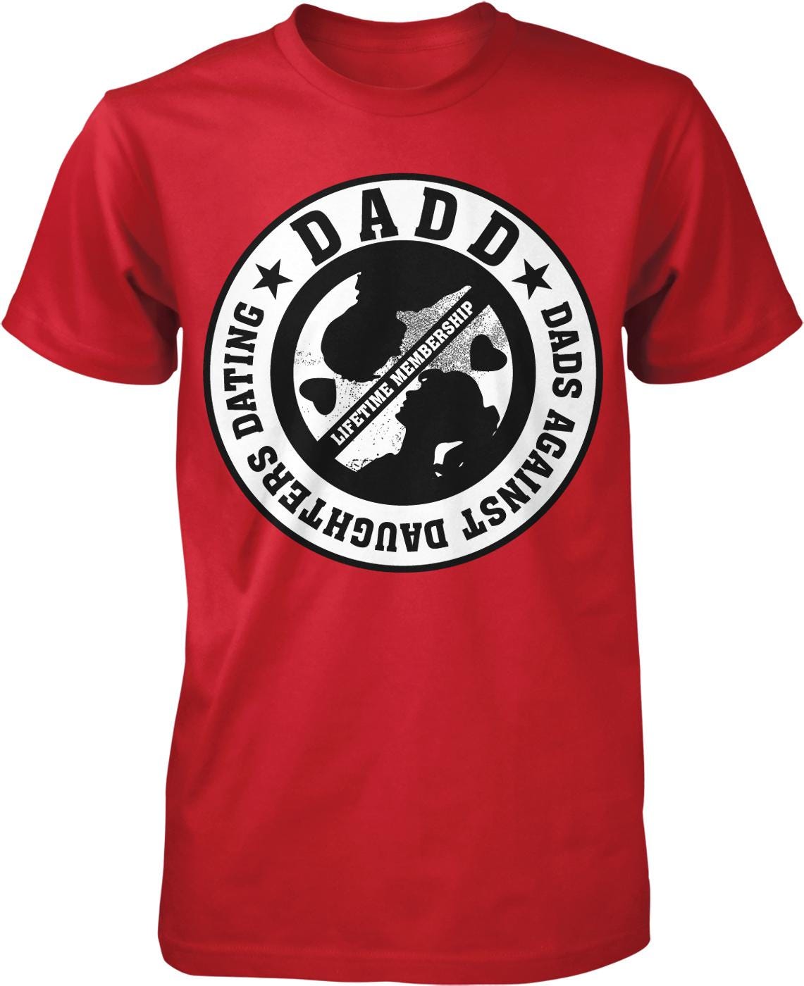 A red t-shirt with a circular design featuring the text "DADDY" and "LIFETIME MEMBERSHIP" around a graphic of a person holding a gun.