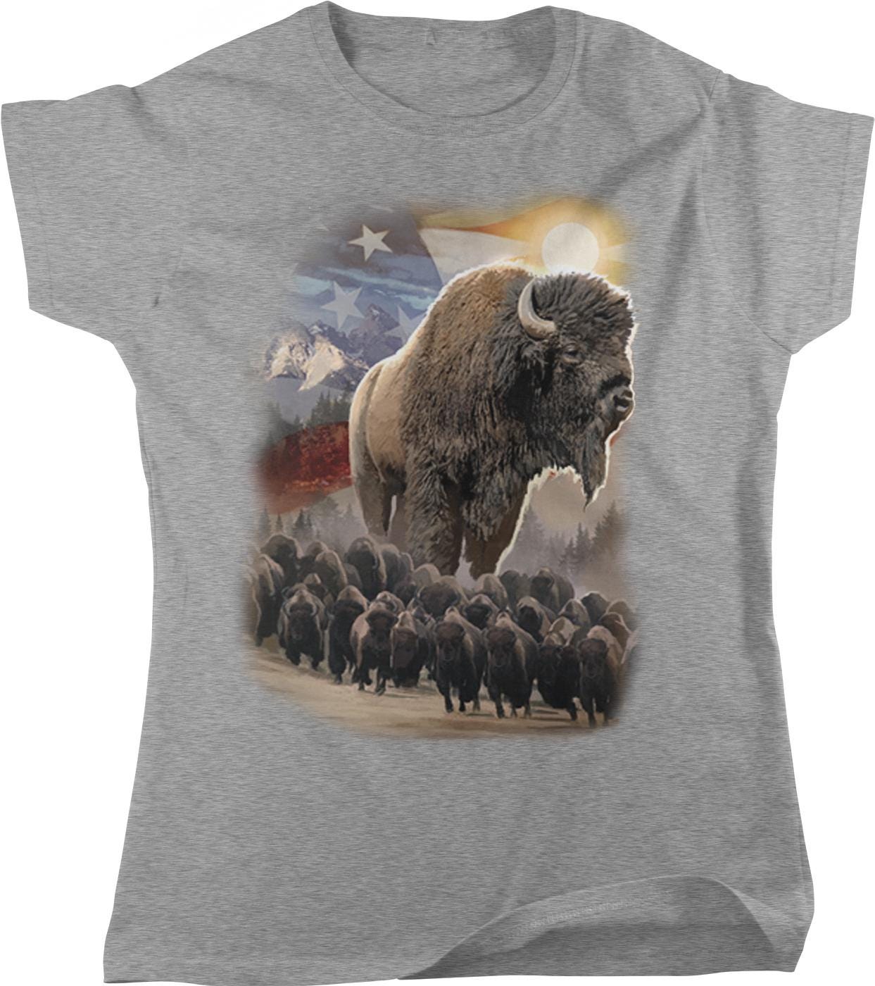 A t-shirt design featuring a large buffalo surrounded by smaller buffalo, with a mountainous landscape in the background and a starry sky above.