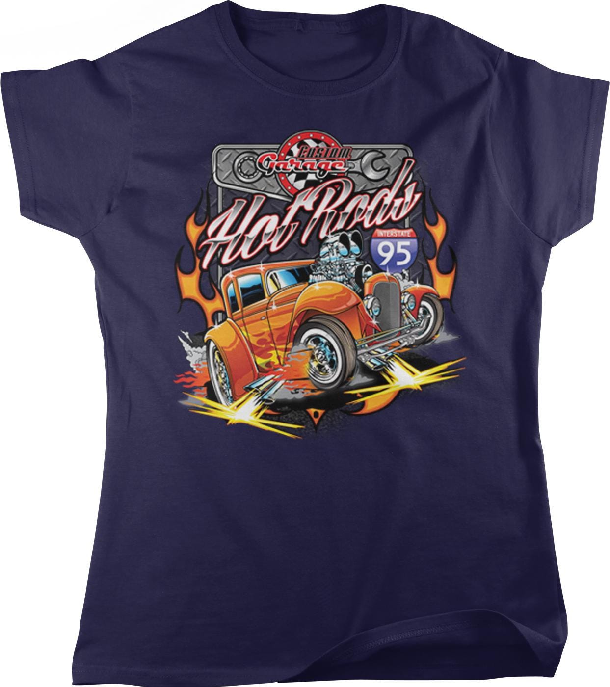 A graphic t-shirt design featuring a vintage orange car with flames and a racing theme.