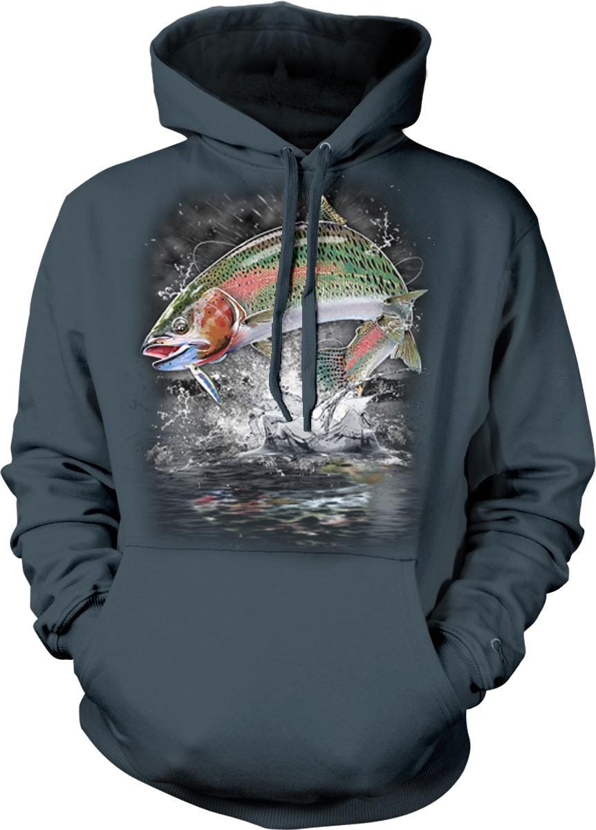 A hoodie with a graphic of a fish jumping out of the water, surrounded by splashing water and a reflection of the fish.