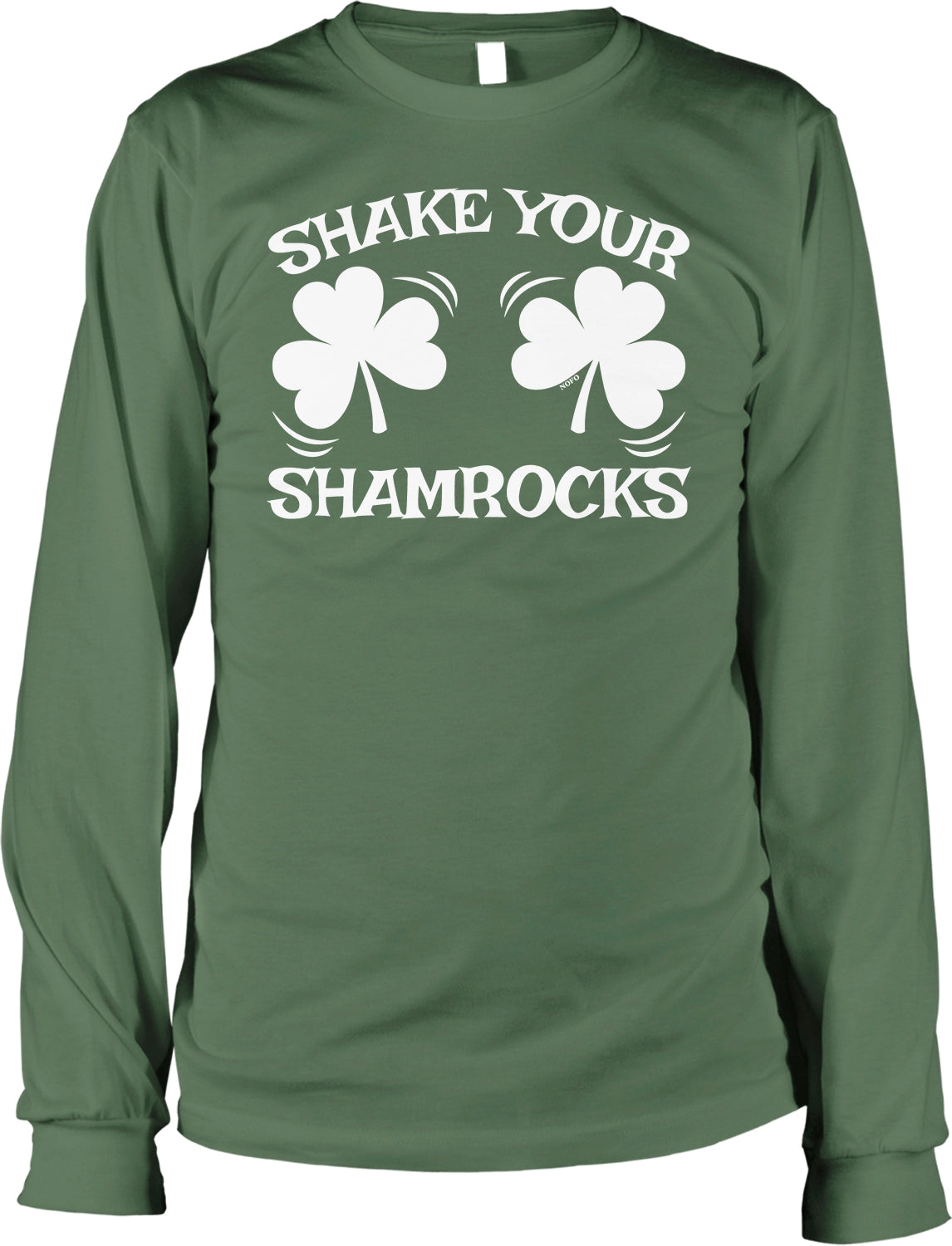 A green long-sleeved t-shirt with the text "SHAKE YOUR SHAMROCKS" printed on it.