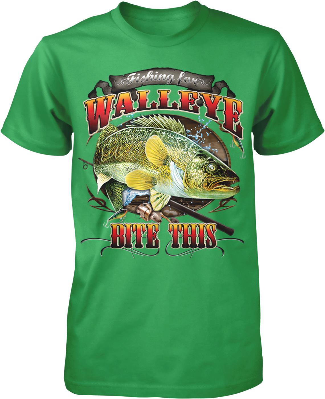 A green t-shirt with a graphic design featuring a fish and the text "Fishing for WALLEYE BITE THIS".