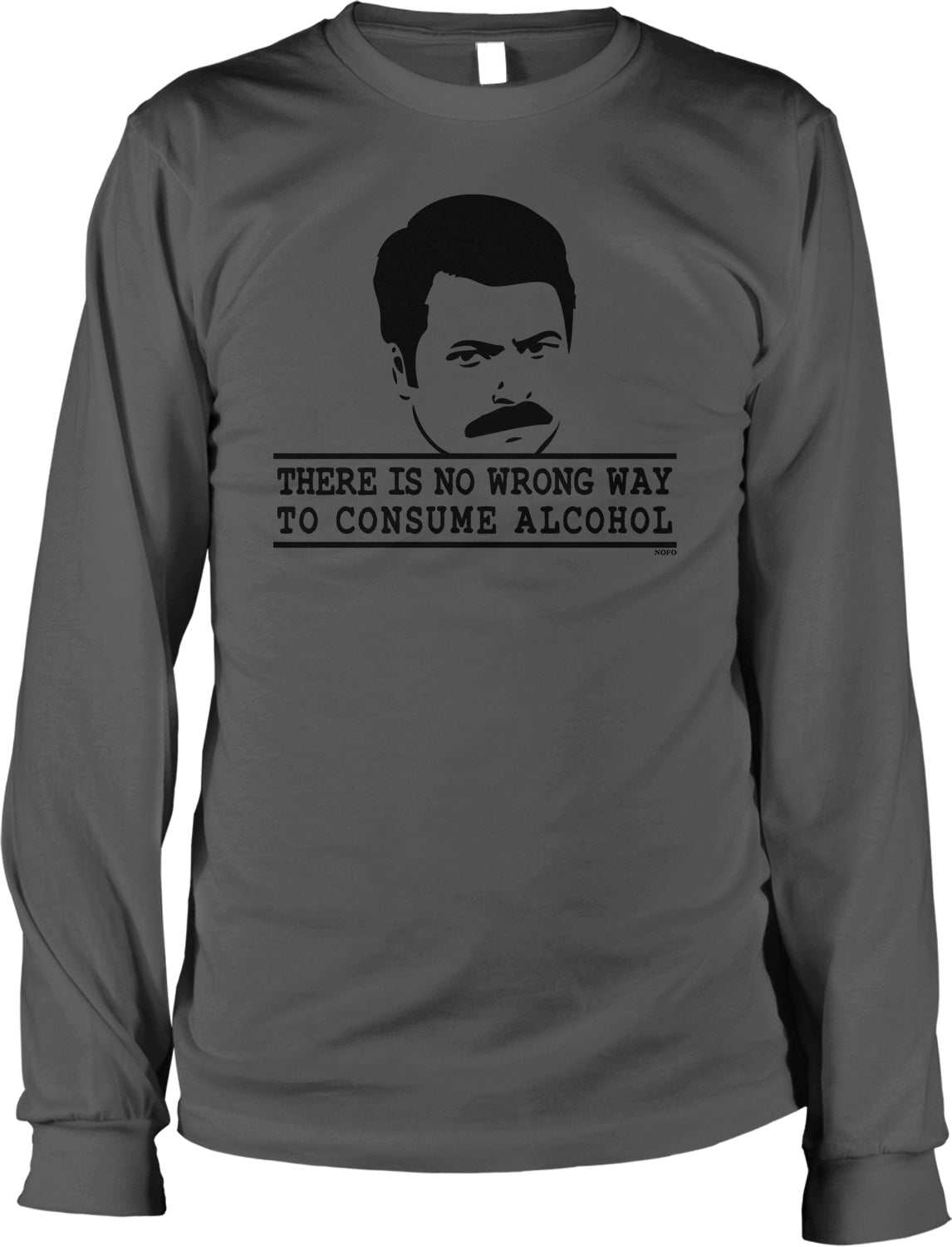 a man with a mustache wearing a gray long-sleeved shirt with a humorous text printed on it.