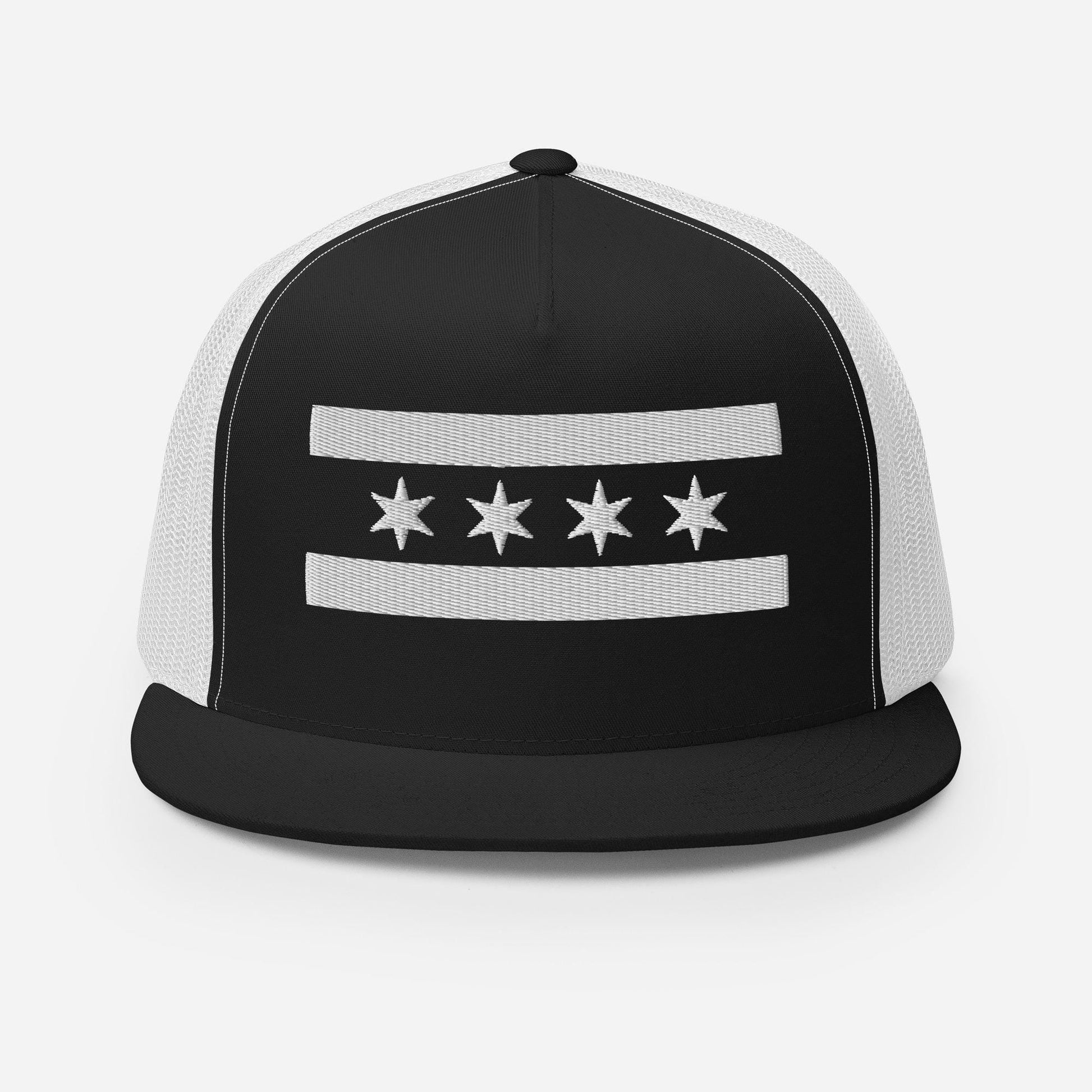 A black and white baseball cap with a white stripe and three white stars on the front.