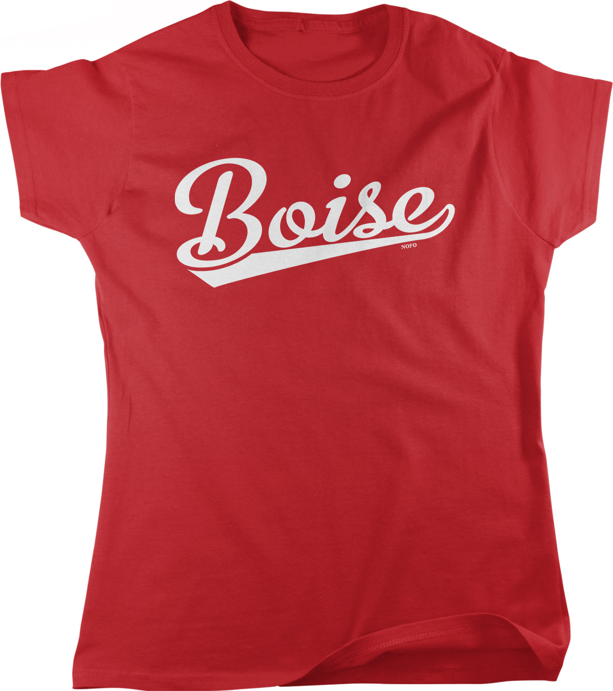 A red t-shirt with the word "Boise" printed in white text.