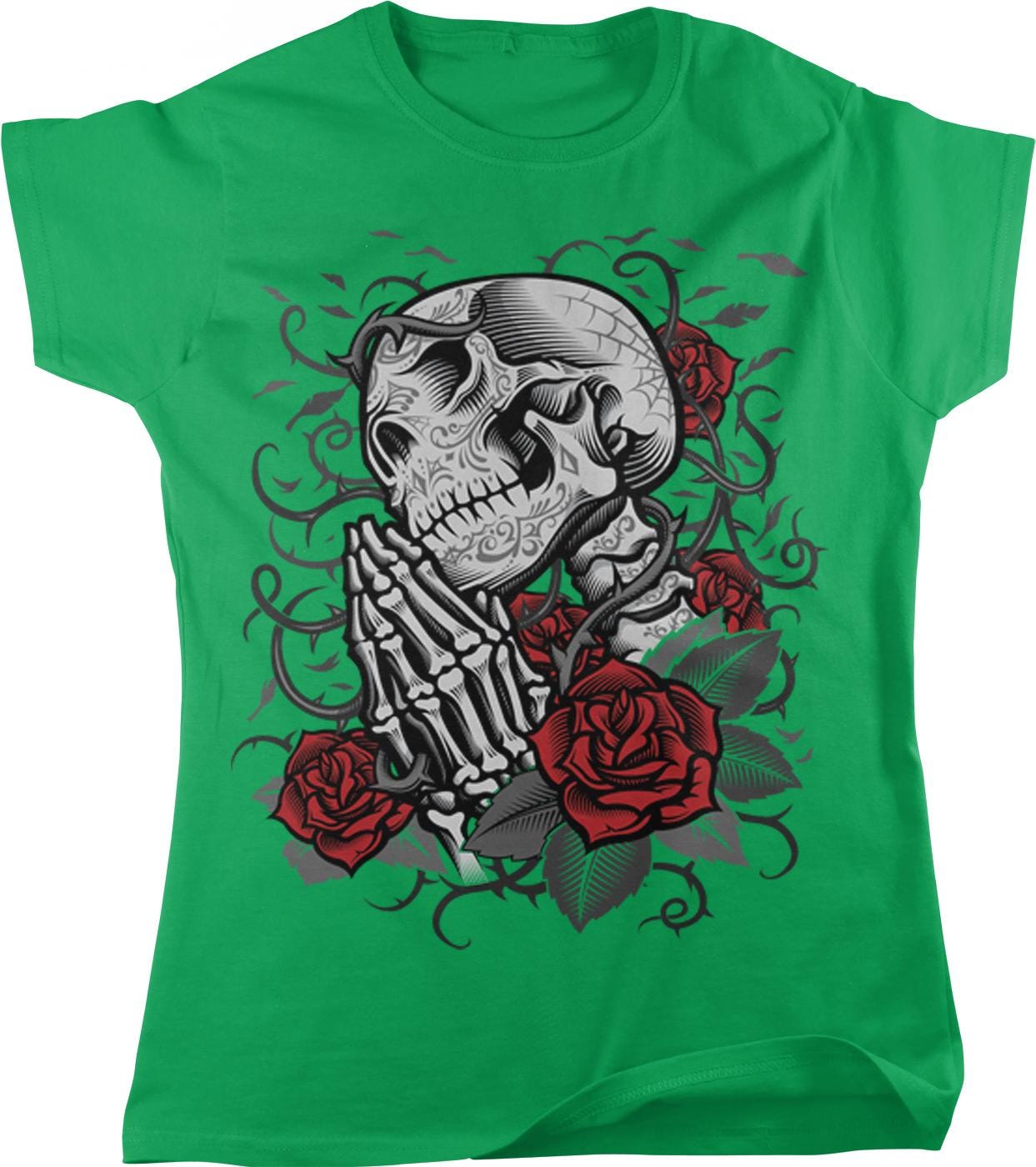 A green t-shirt with a graphic design featuring a skull with a praying hand, surrounded by red roses and vines.