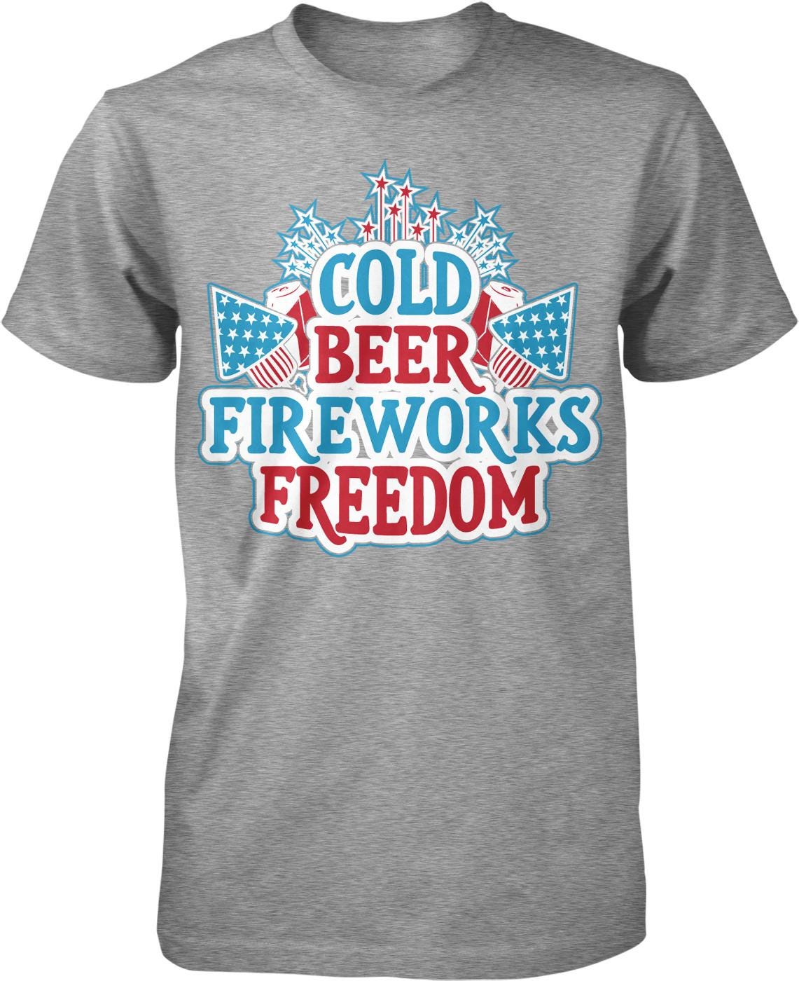 A gray t-shirt with a graphic design featuring the text "COLD BEER FIREWORKS FREEDOM" surrounded by fireworks and stars.