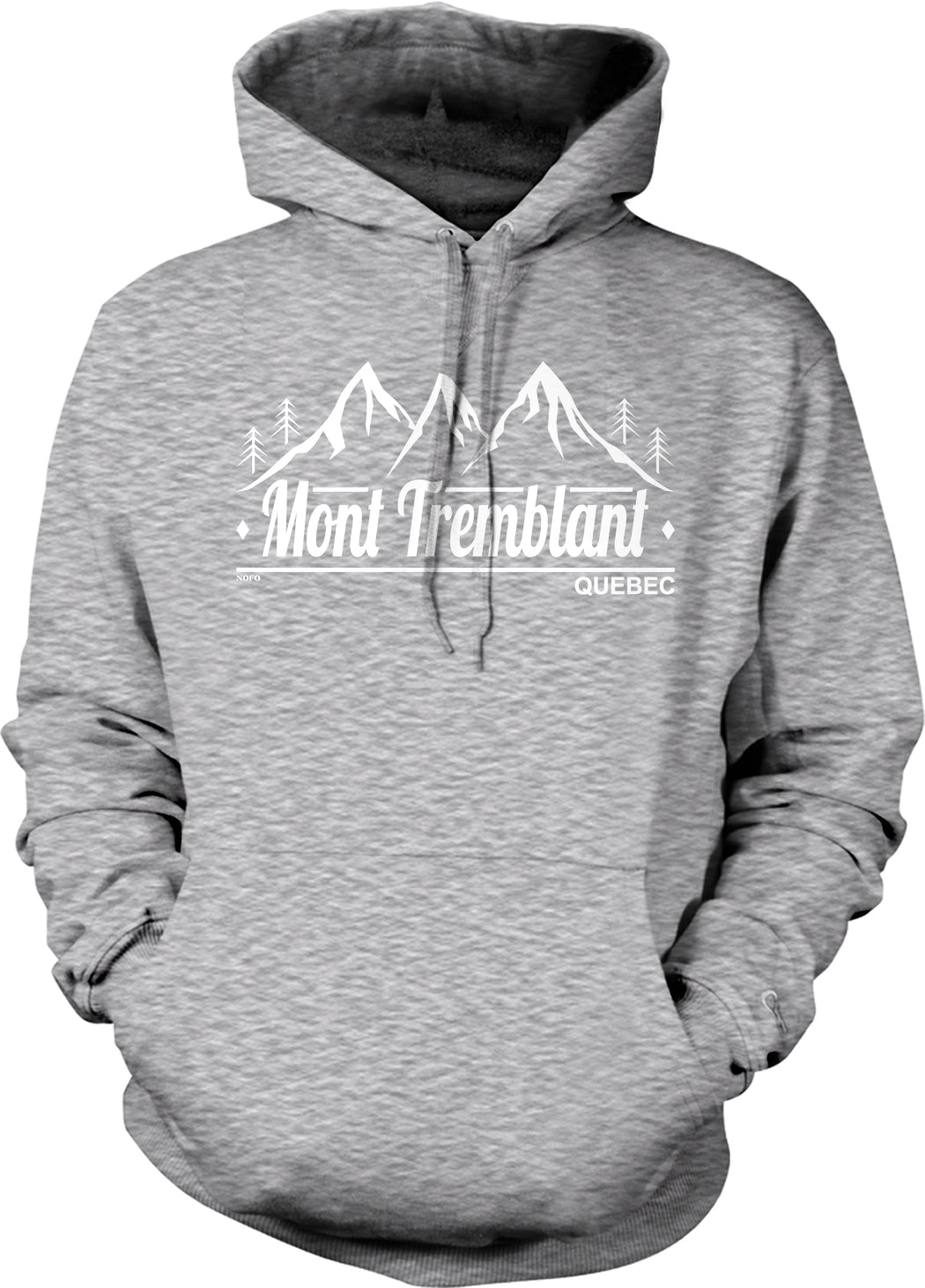 A grey hooded sweatshirt with a graphic design featuring mountains and the text "Mont Tremblant" and "Quebec" printed on it.