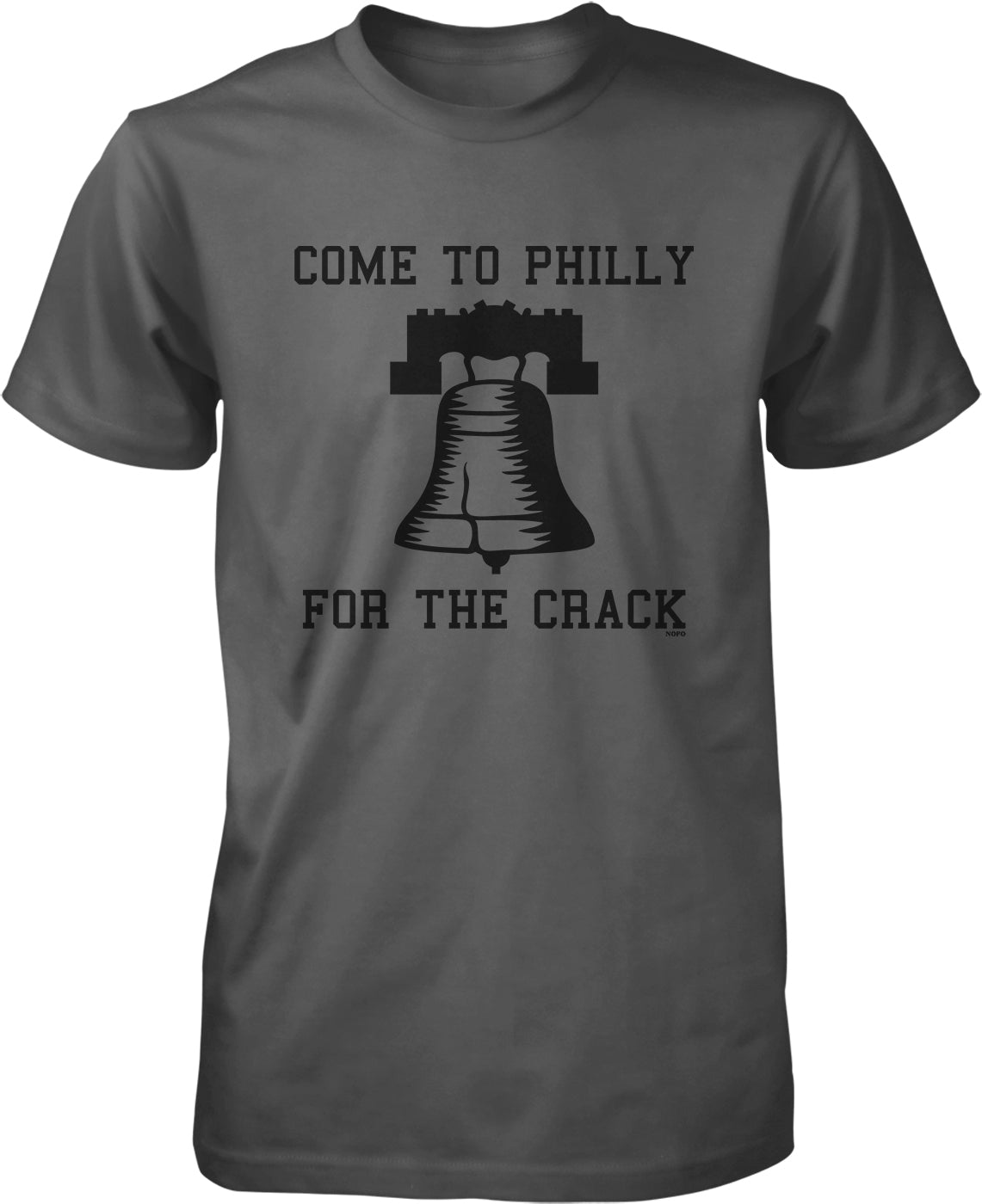 A gray t-shirt with the text "COME TO PHILLY FOR THE CRACK" printed on it, along with a graphic of a bell.