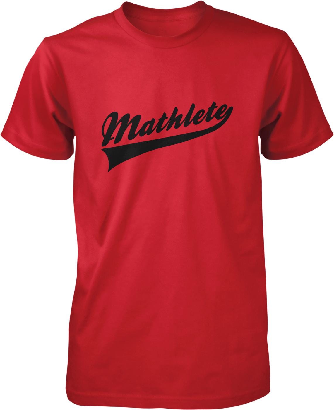 A red t-shirt with the word "Mathlete" printed on it in a stylized font.