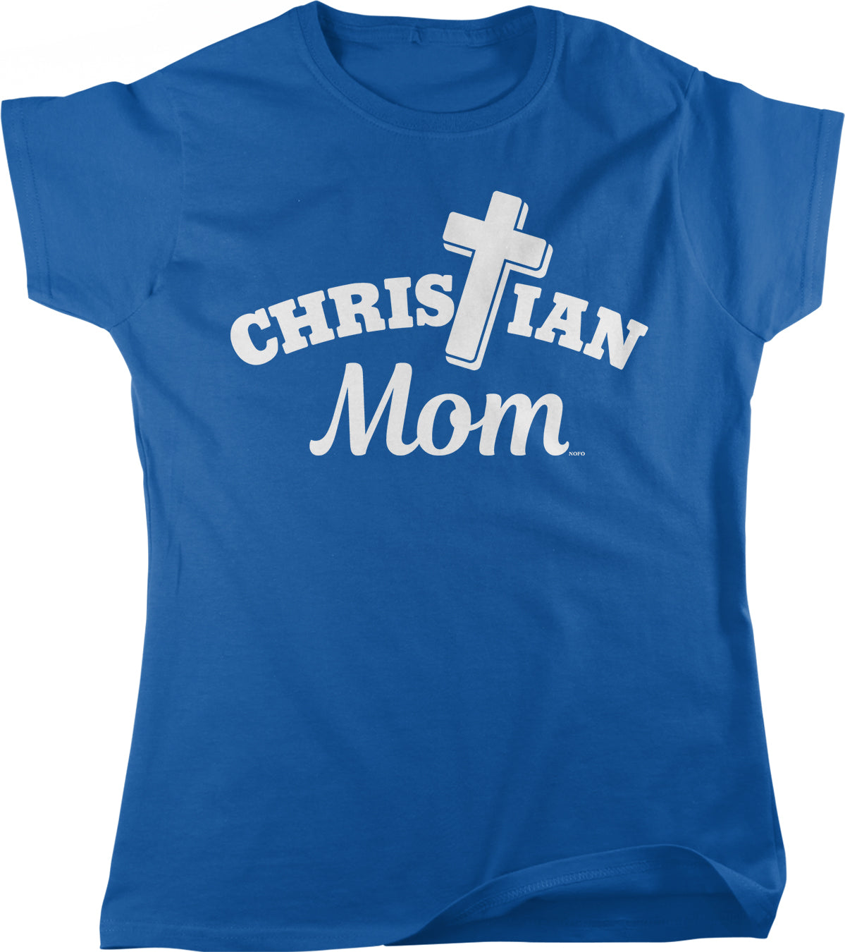 A blue t-shirt with the text "CHRISTIAN MOM" printed on it.
