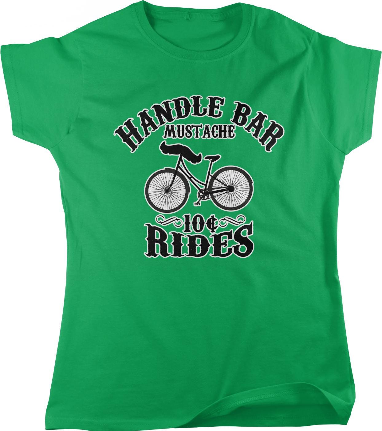 A green t-shirt with a graphic design featuring a bicycle and the text "HANDLE BAR MUSTACHE 10RIDES".