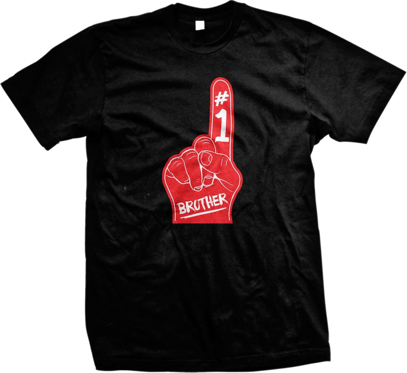 A black t-shirt with a red foam finger graphic and the text "BROTHER" printed on it.