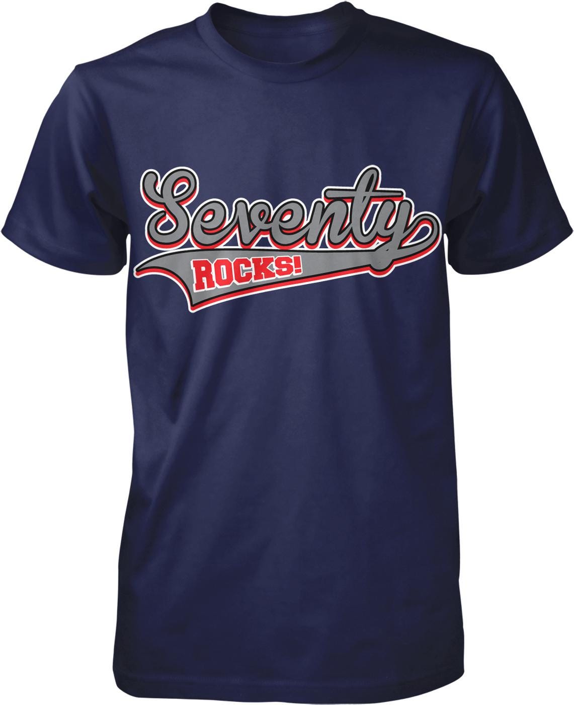 A navy blue t-shirt with the text "Seventy Rocks!" printed on it in a stylized font.