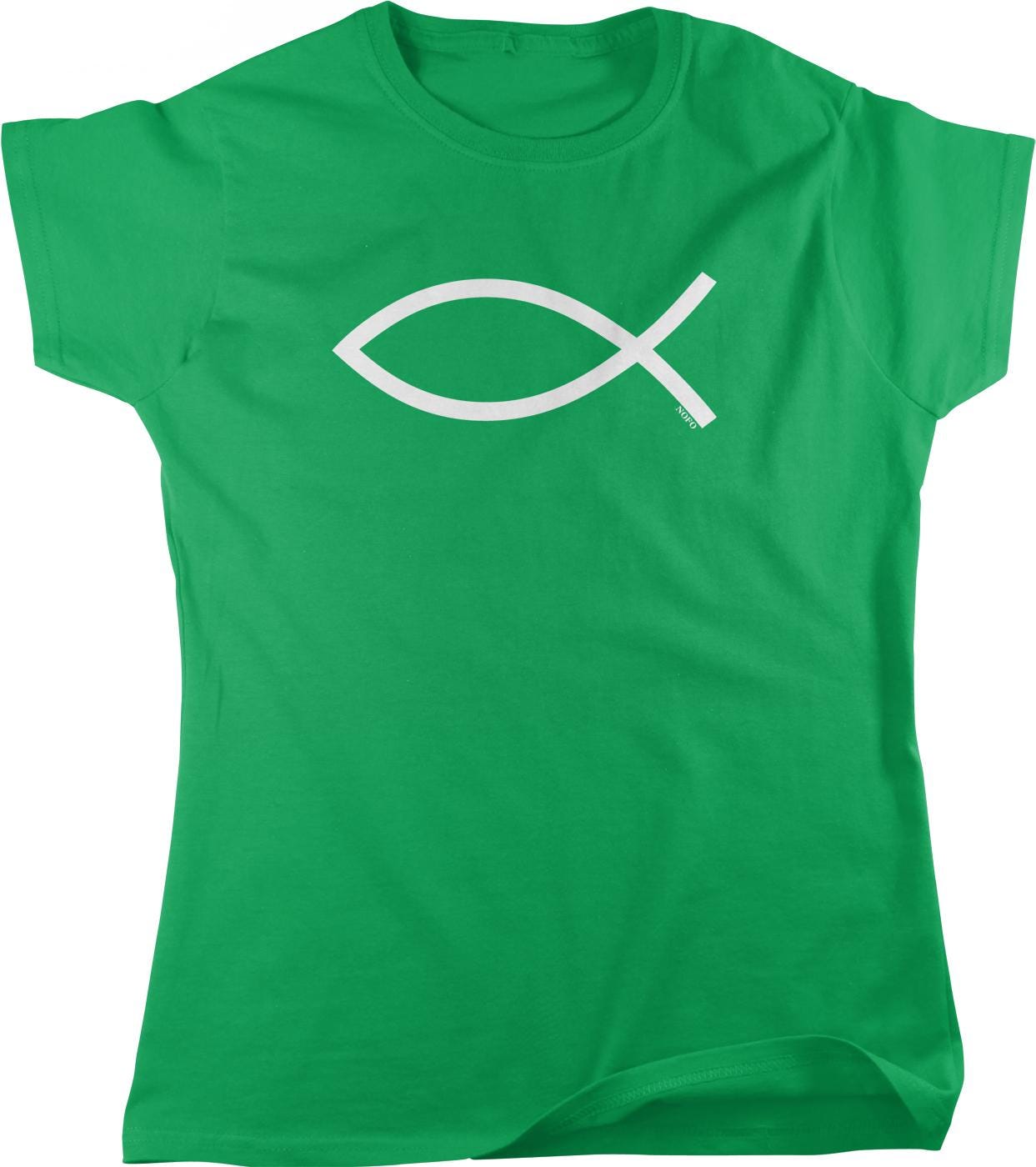 A green t-shirt with a white fish symbol printed on it.