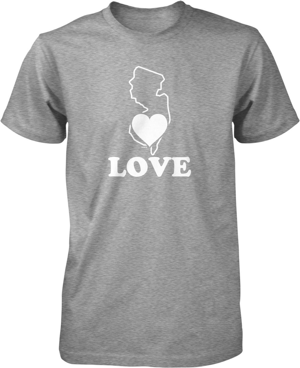 A gray t-shirt with a white graphic design that includes a heart shape and the word "LOVE" written below it.