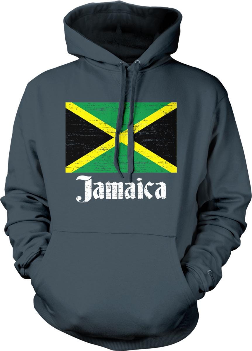 A grey hoodie with a graphic of the Jamaican flag and the word "Jamaica" printed on it.