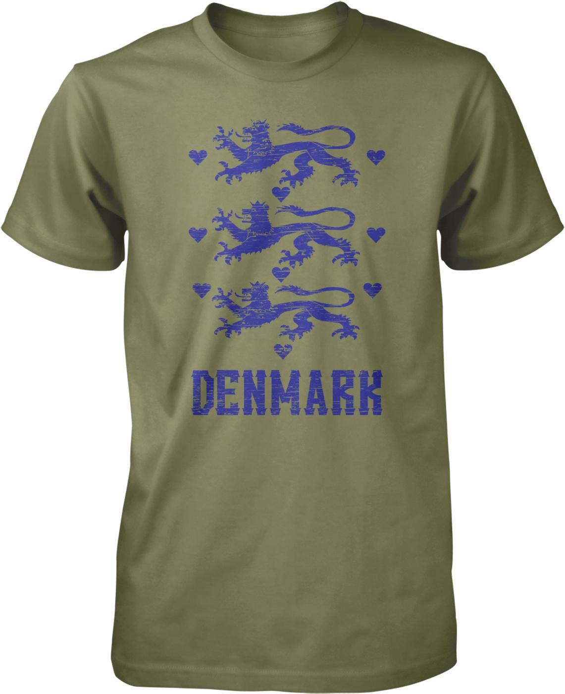 A green t-shirt with a graphic design featuring a blue lion and heart pattern, along with the word "DENMARK" written below.
