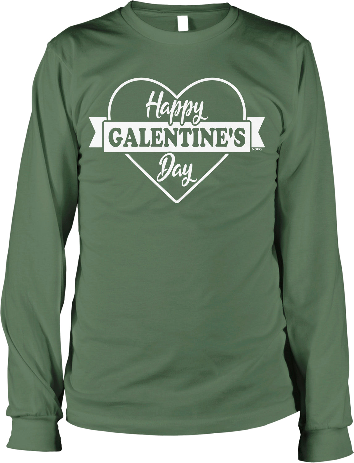 A green long-sleeved t-shirt with a white graphic design that says "Happy Galentine's Day" in a heart shape.