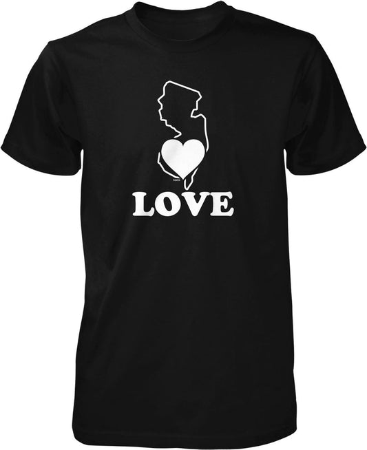 A black t-shirt with a white graphic design that includes a heart shape and the word "LOVE" written below it.