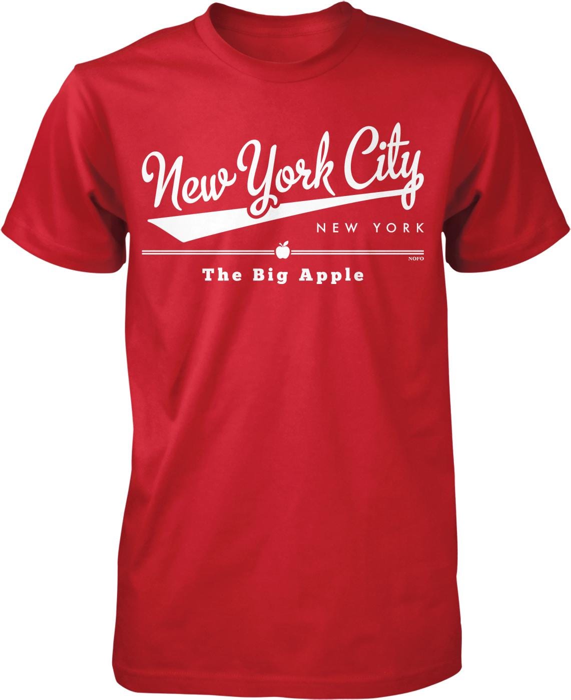 A red t-shirt with white text that says "New York City" and "The Big Apple" printed on it.