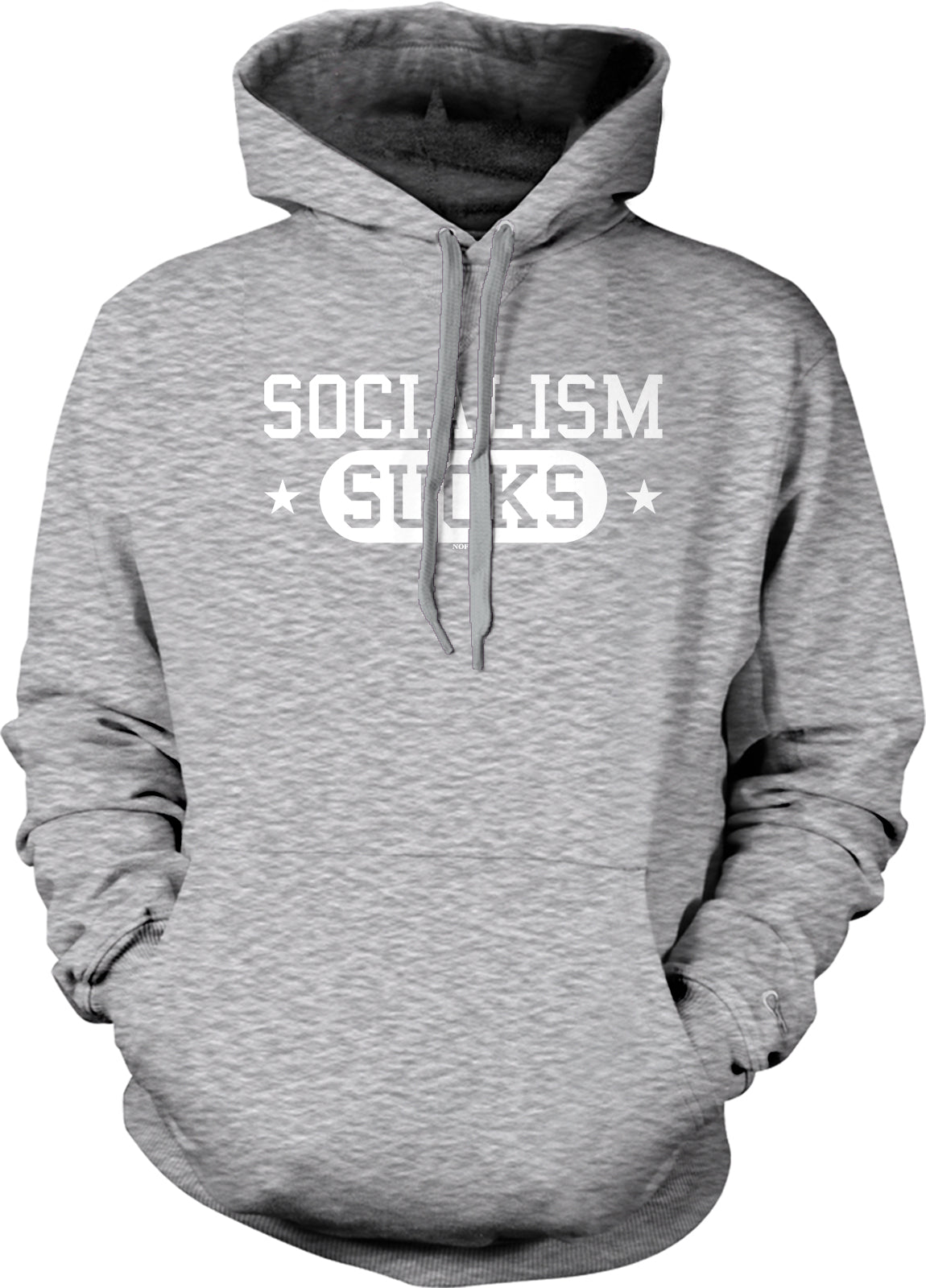 A gray hoodie with the text "SOCIALISM SUCKS" printed on it.