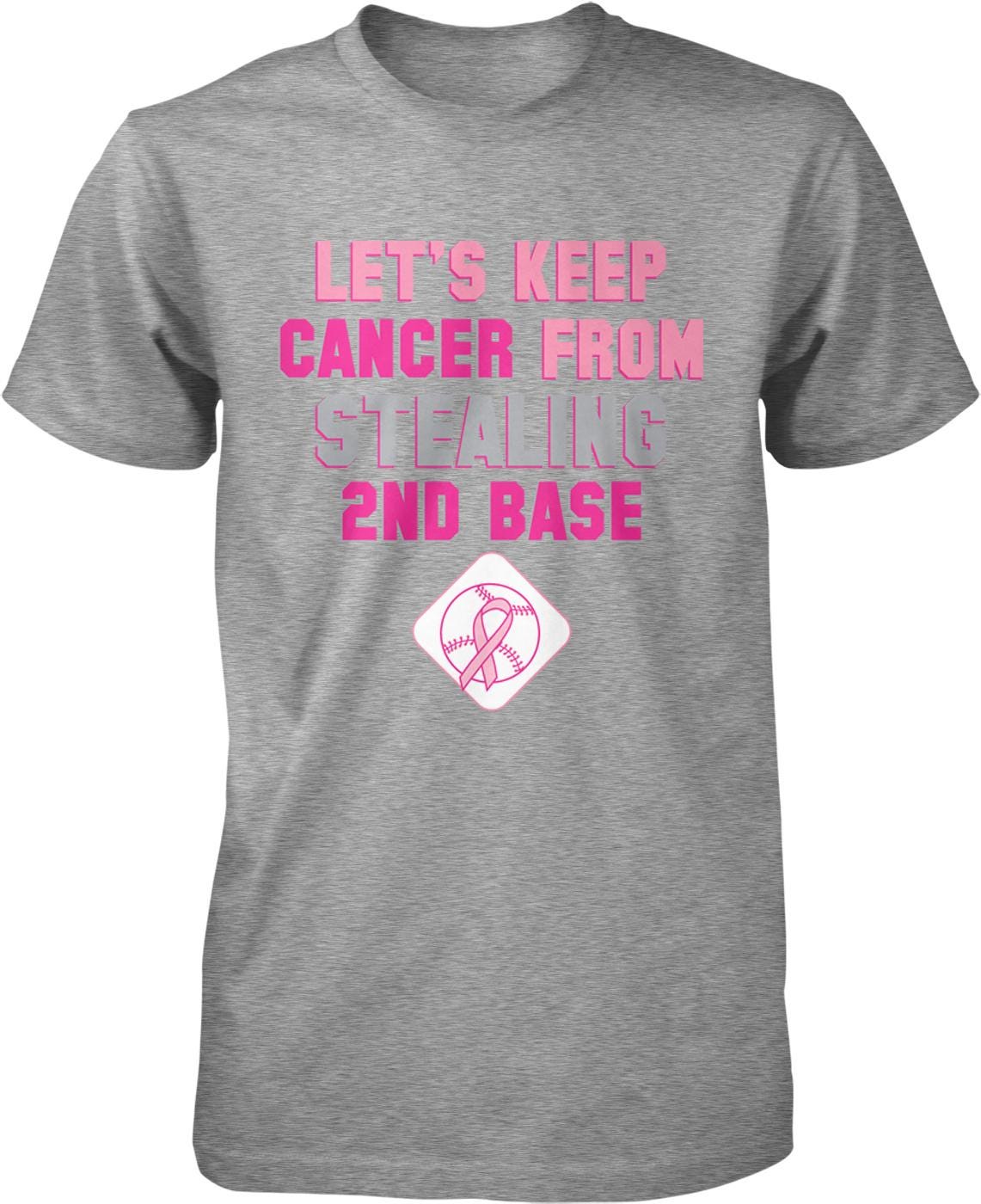 A gray t-shirt with pink text and a pink baseball symbol.