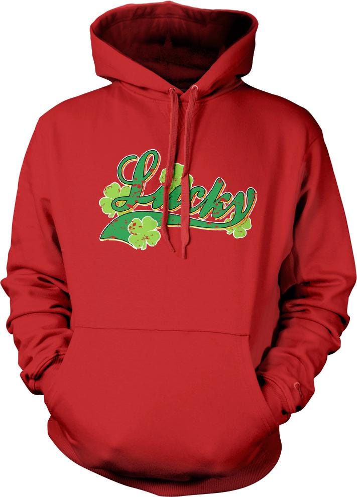 A red hoodie with the word "Lucky" printed on it.