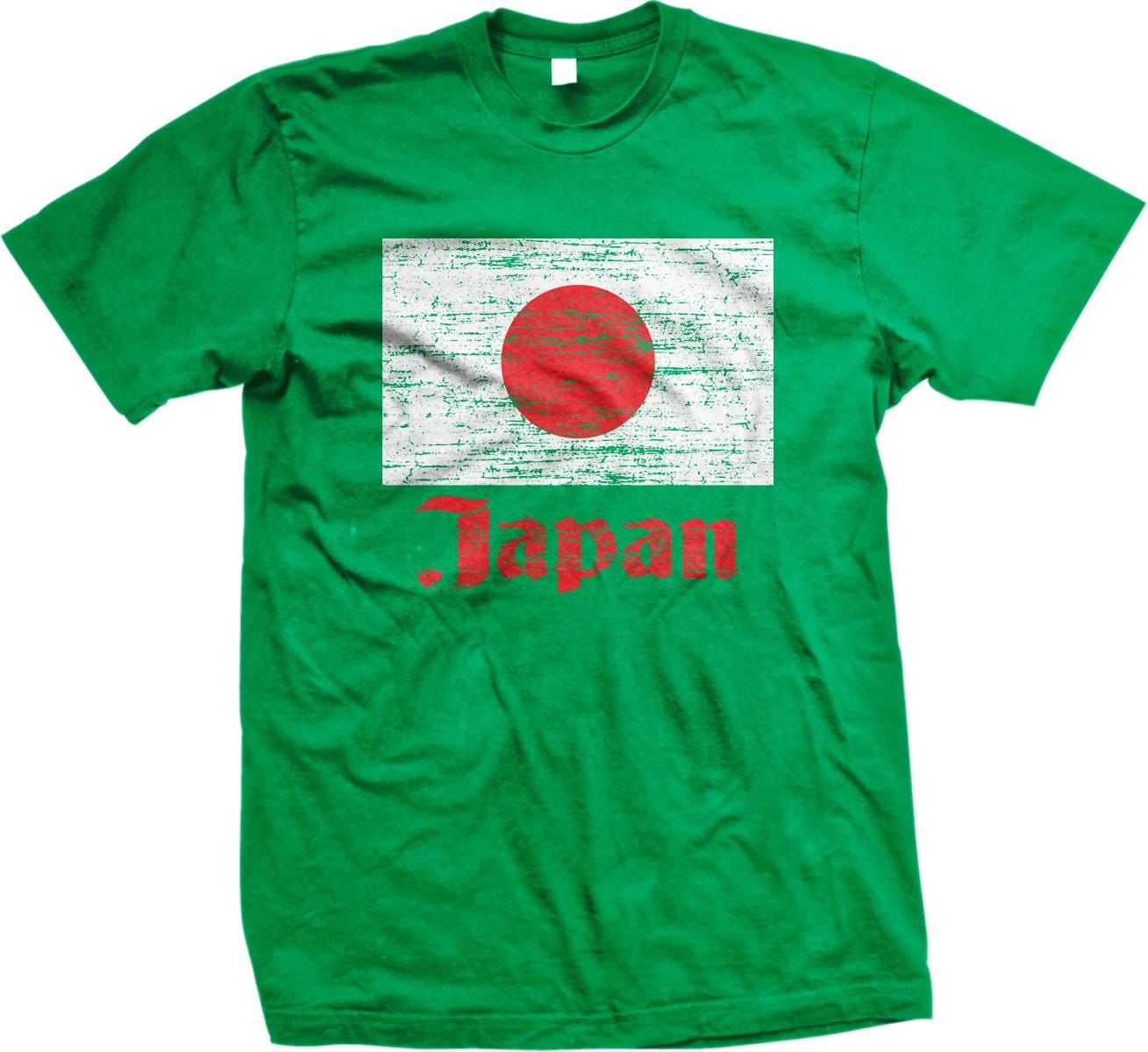 A green t-shirt with a graphic design of the Japanese flag and the word "Japan" printed on it.