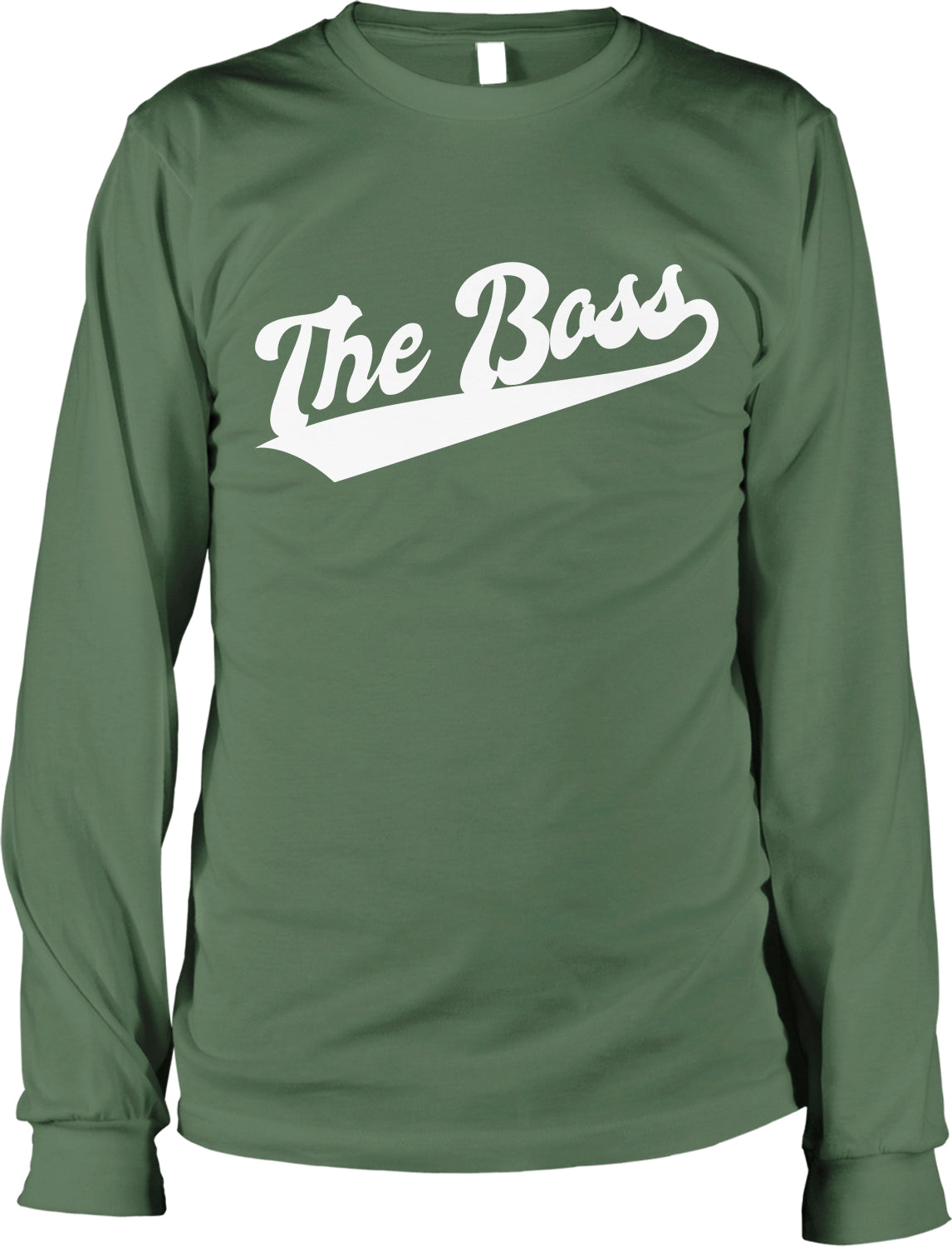 A long-sleeved green t-shirt with the text "The Boss" printed on it in white.