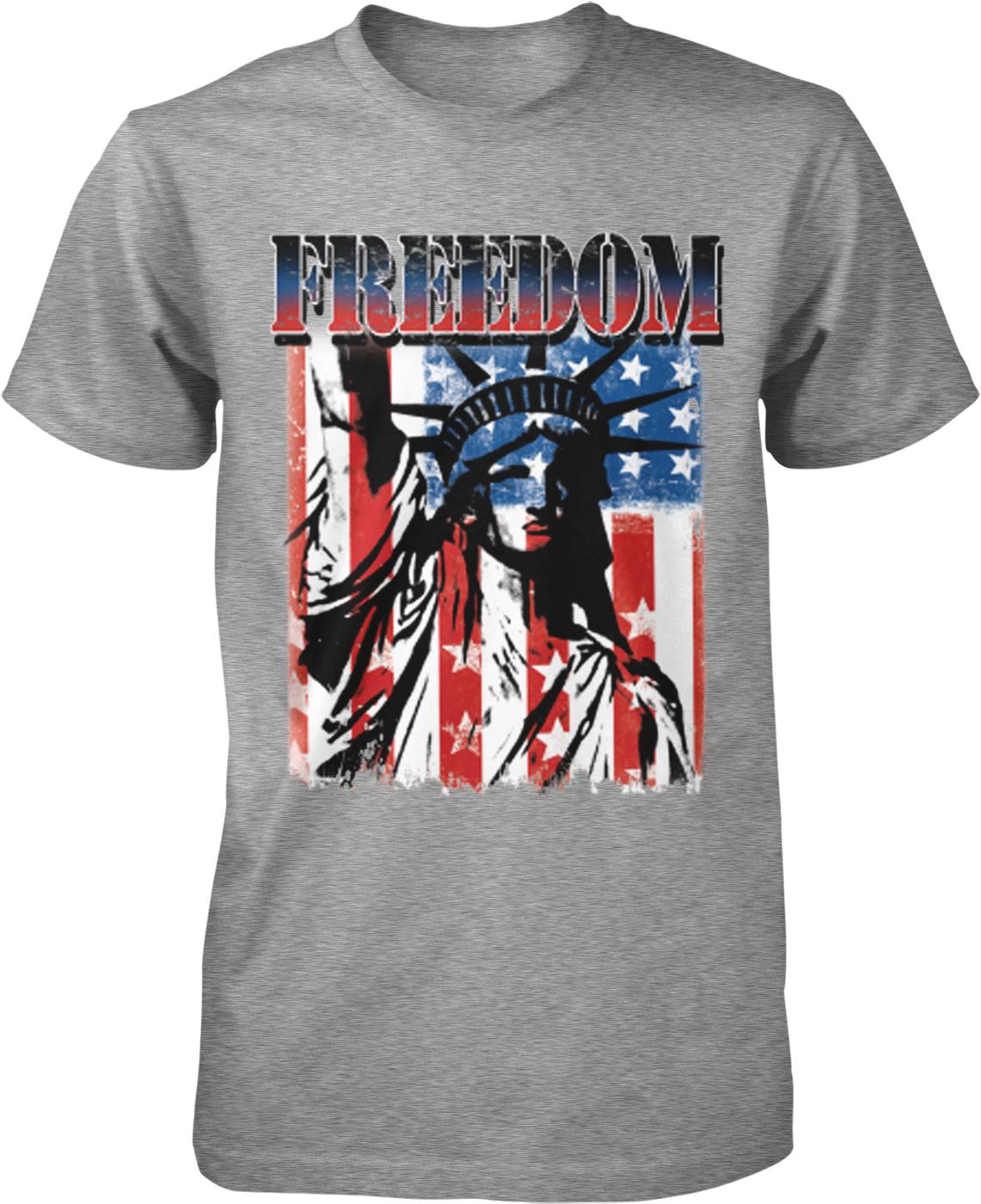A gray t-shirt with a graphic design featuring the Statue of Liberty and an American flag.