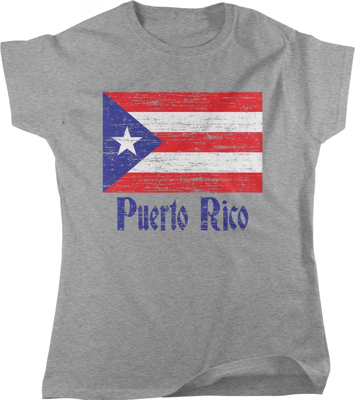 A gray t-shirt with the text "Puerto Rico" printed on it, along with the Puerto Rican flag graphic.