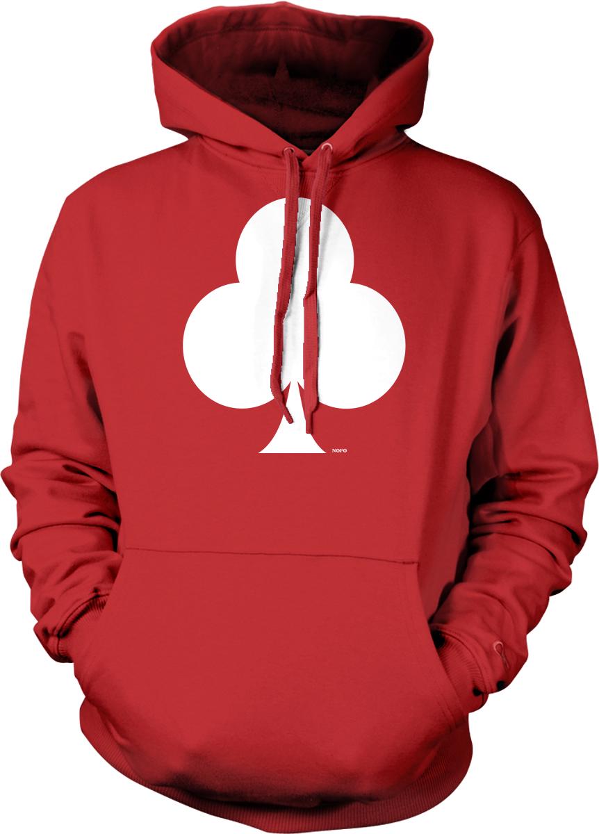 A red hoodie with a white graphic of a three-leaf clover on the front.