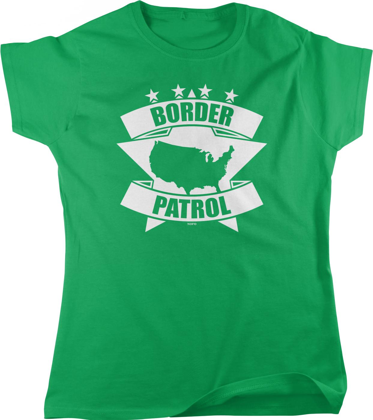A green t-shirt with a graphic design featuring a map of the United States and the text "BORDER PATROL" along with five stars.